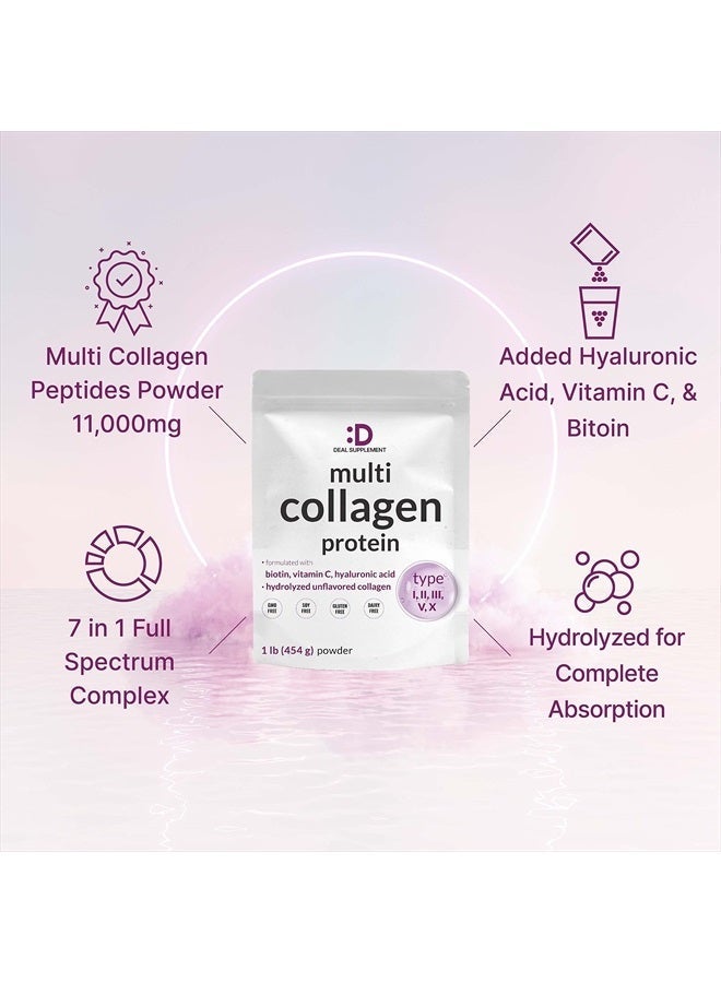 DEAL SUPPLEMENT مسحوق بروتين الكولاجين المتعدد، 1 رطل - نوع I، II، III، V، X ببتيدات الكولاجين مع البيوتين 10000 ميكروغرام، فيتامين C وحمض الهيالورونيك - بدون نكهة - مناسب للكيتو والباليو، رائع للشعر والبشرة والأظافر والمفاصل - Image 5